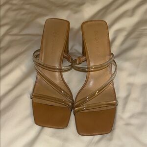 BCBGeneration Tan and Clear Strappy Heels